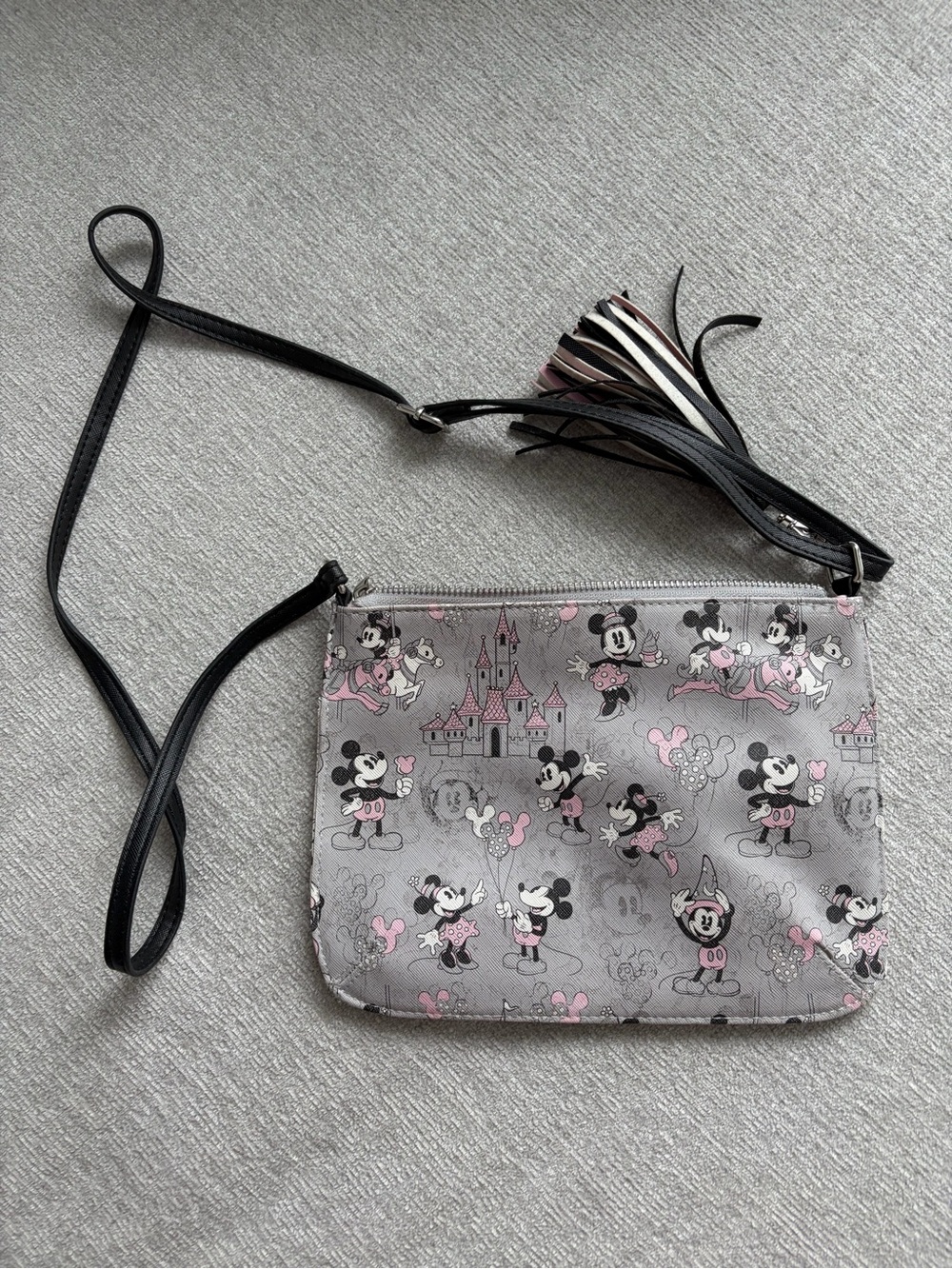 Disney Parks Minnie Mouse Crossbody Bag Gray Pink Castle Tassel Purse